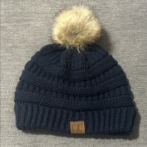 C.C Dark Blue Knit Beanie with Pom Pom